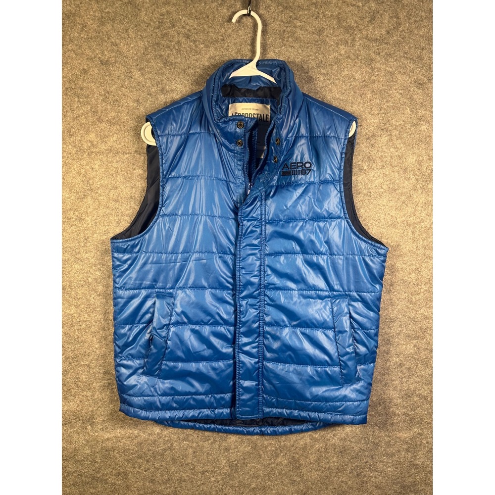 Aeropostale Mens Blue QuiltedPuffer Vest Logo Full Zip Snap Front Large 9938AF12